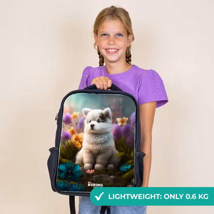 Kids backpack - Black - White puppy in a flower meadow — 9