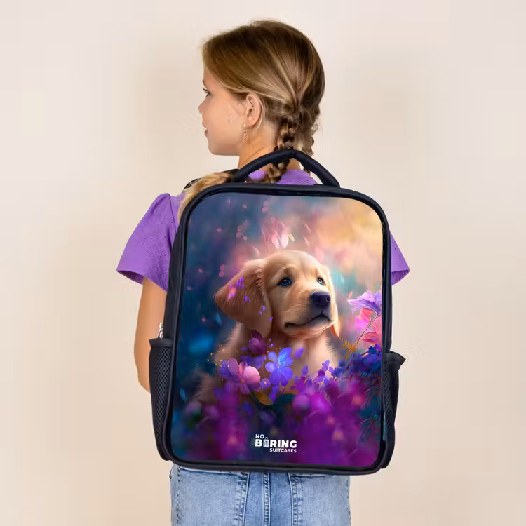 Kids backpack - Black - Young dog among brightly colored flowers — 4
