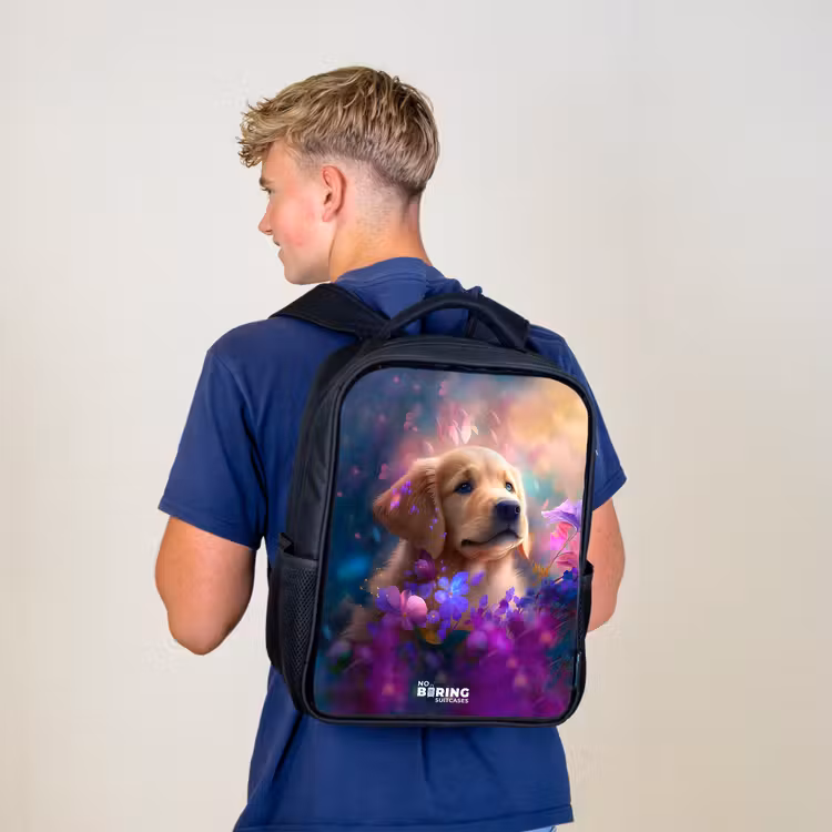 Kids backpack - Black - Young dog among brightly colored flowers — 5