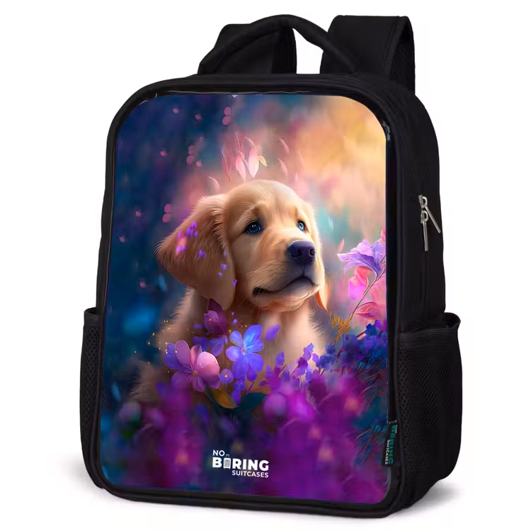 Kids backpack - Black - Young dog among brightly colored flowers — 6
