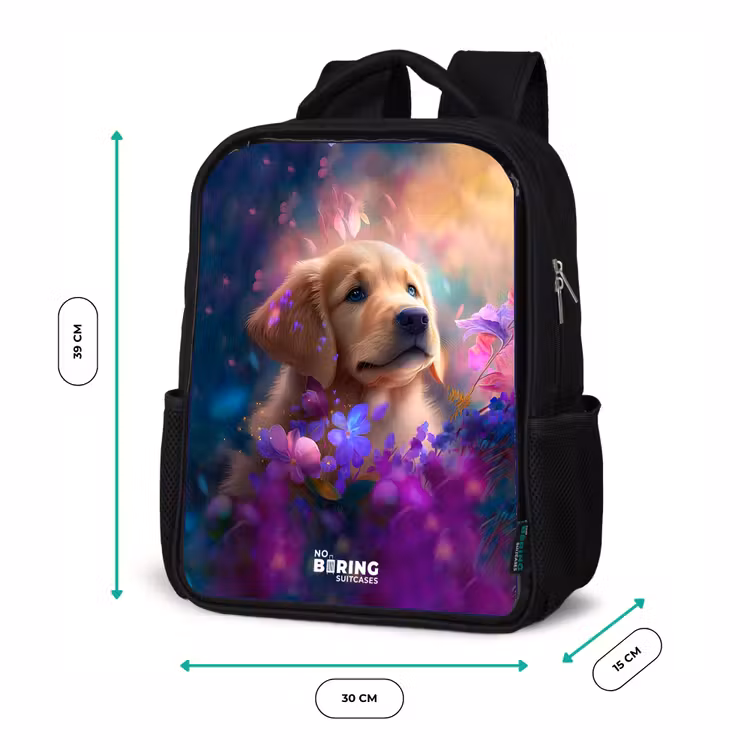 Kids backpack - Black - Young dog among brightly colored flowers — 8