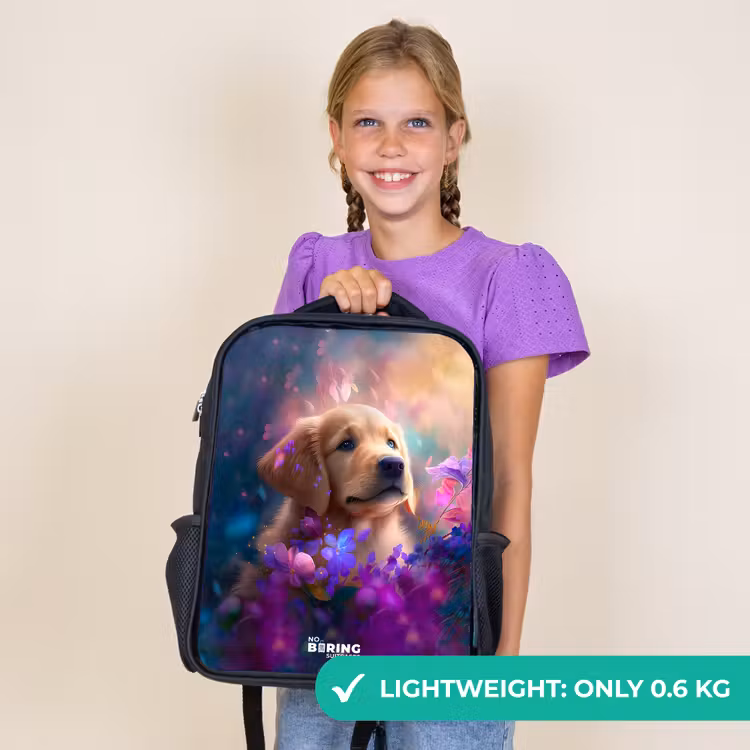 Kids backpack - Black - Young dog among brightly colored flowers — 9