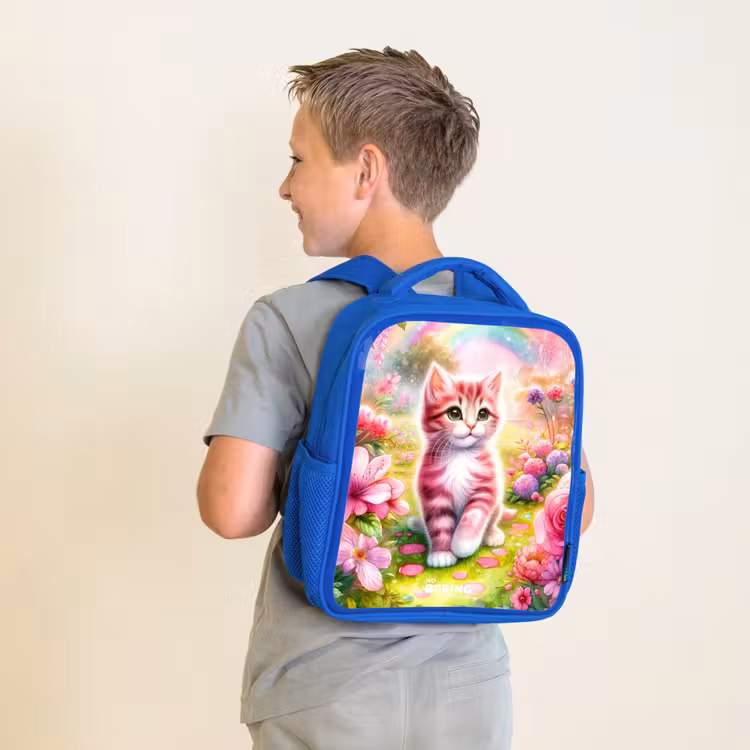 Kids backpack - Blue - Kitten with rainbow and flowers — 2