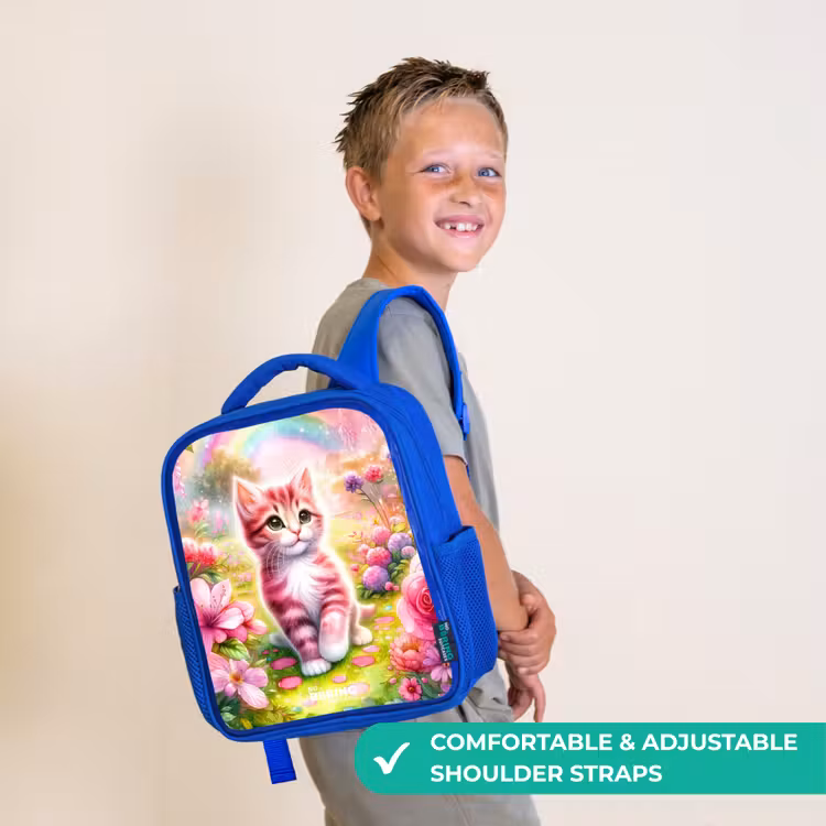Kids backpack - Blue - Kitten with rainbow and flowers — 4