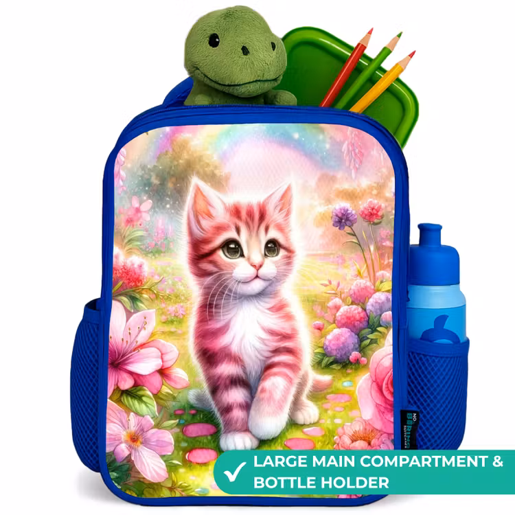 Kids backpack - Blue - Kitten with rainbow and flowers — 5