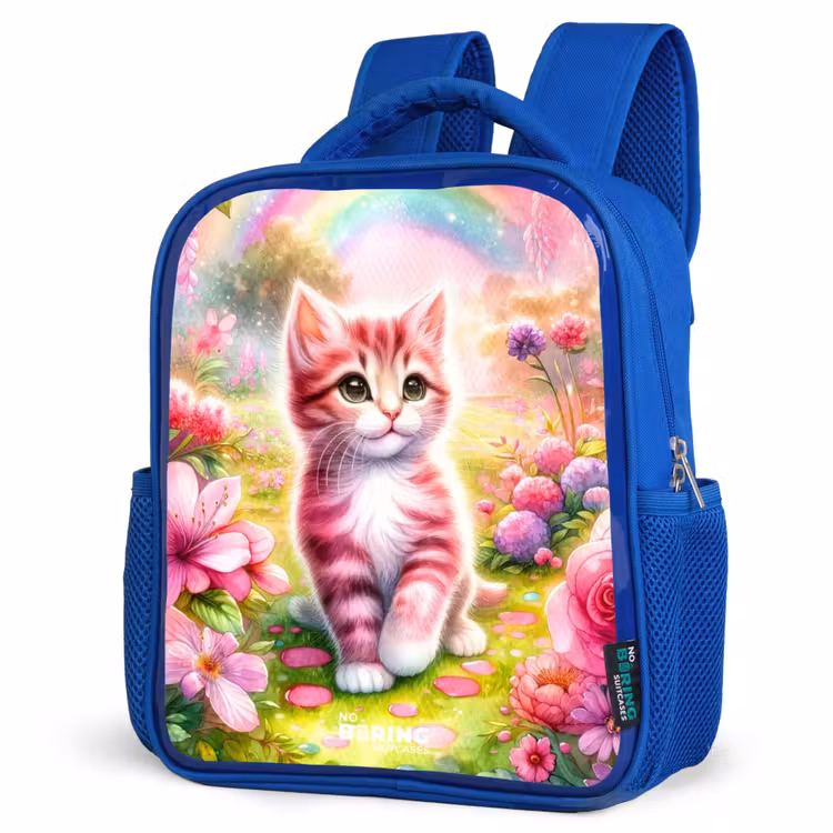 Kids backpack - Blue - Kitten with rainbow and flowers — 7