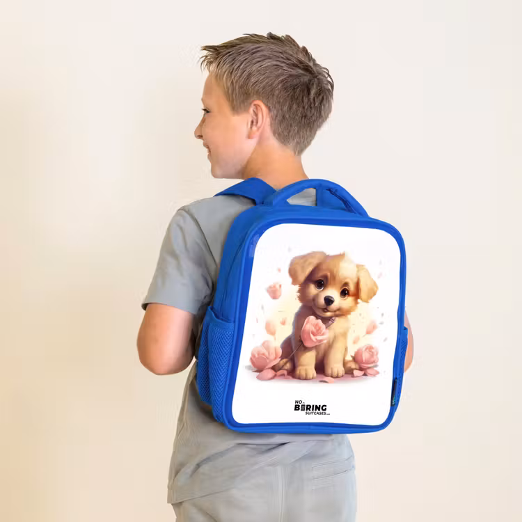 Kids backpack - Blue - Puppy with pink flowers — 2