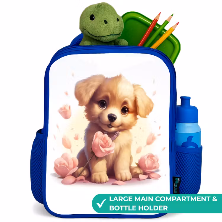 Kids backpack - Blue - Puppy with pink flowers — 5