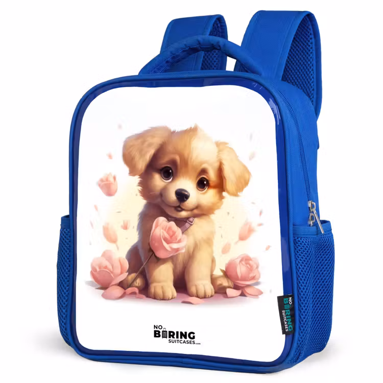 Kids backpack - Blue - Puppy with pink flowers — 7
