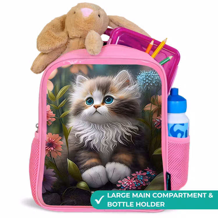 Kids backpack - Pink - Kitten among flowers — 2