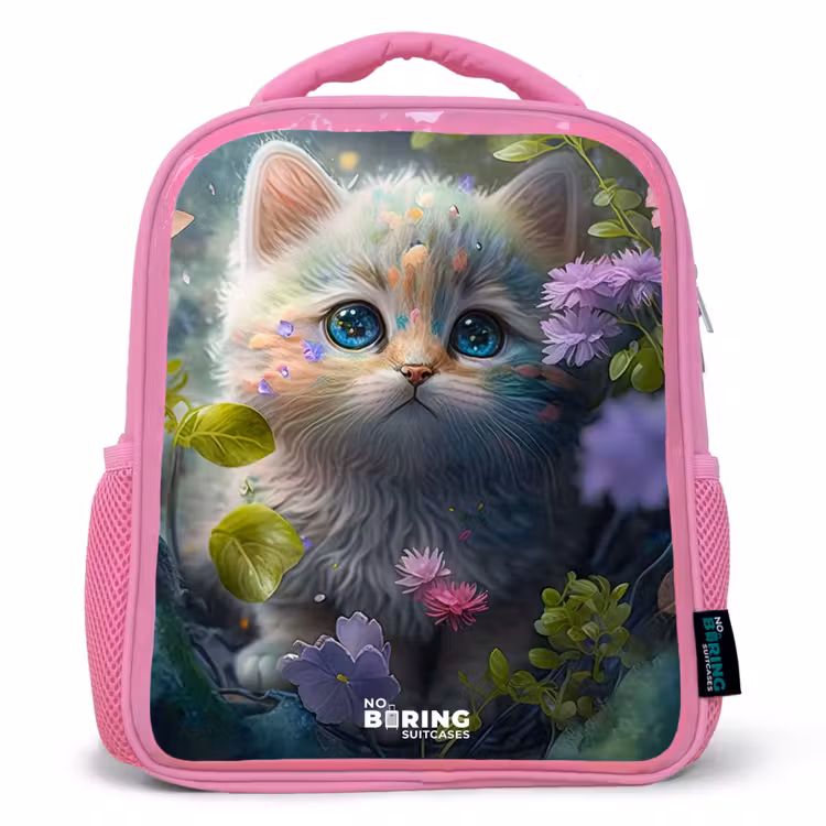 Kids backpack - Pink - Kitten hiding behind flowers — 1