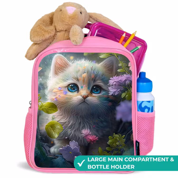 Kids backpack - Pink - Kitten hiding behind flowers — 2