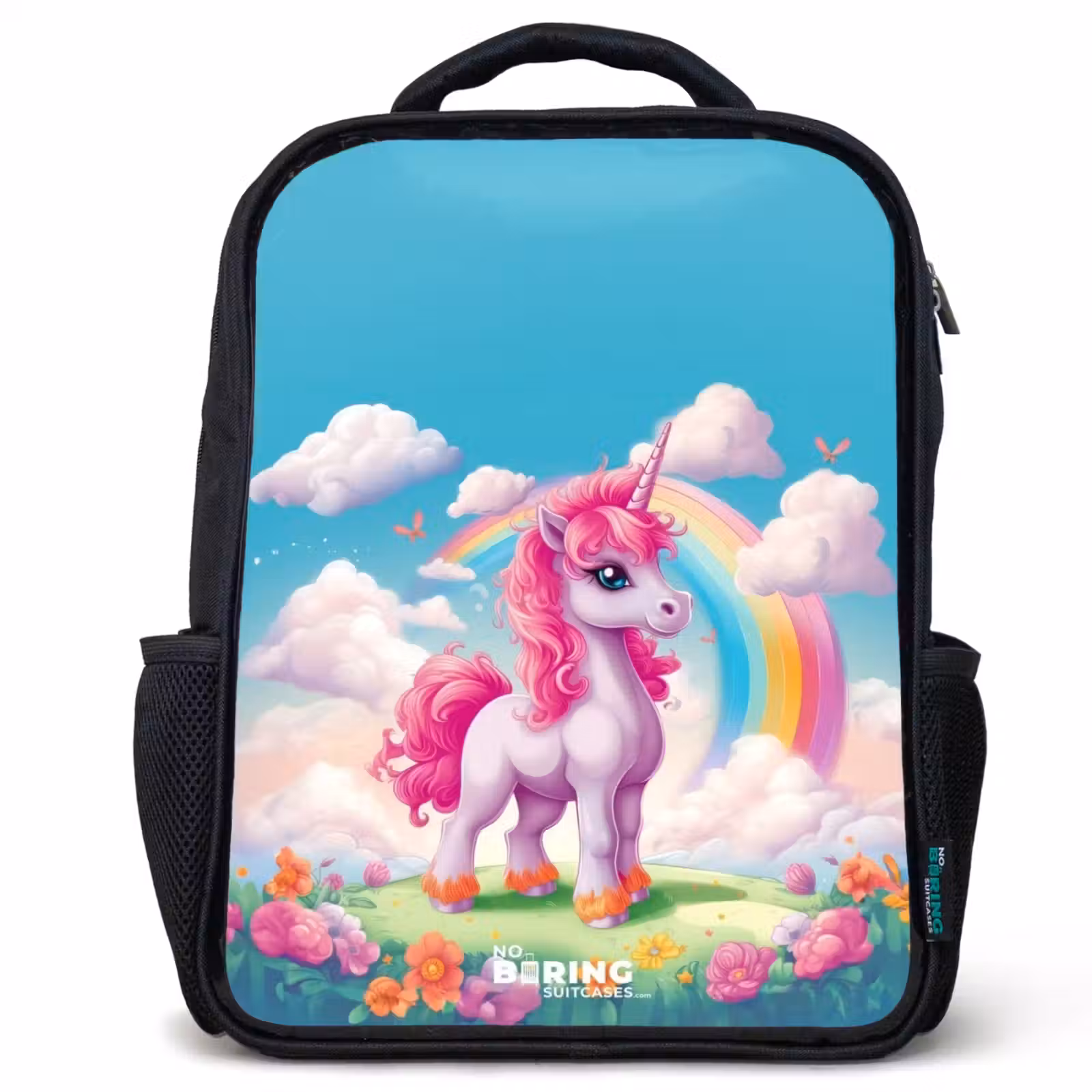 Kids backpack - Black - Cheerful unicorn at a rainbow — 1