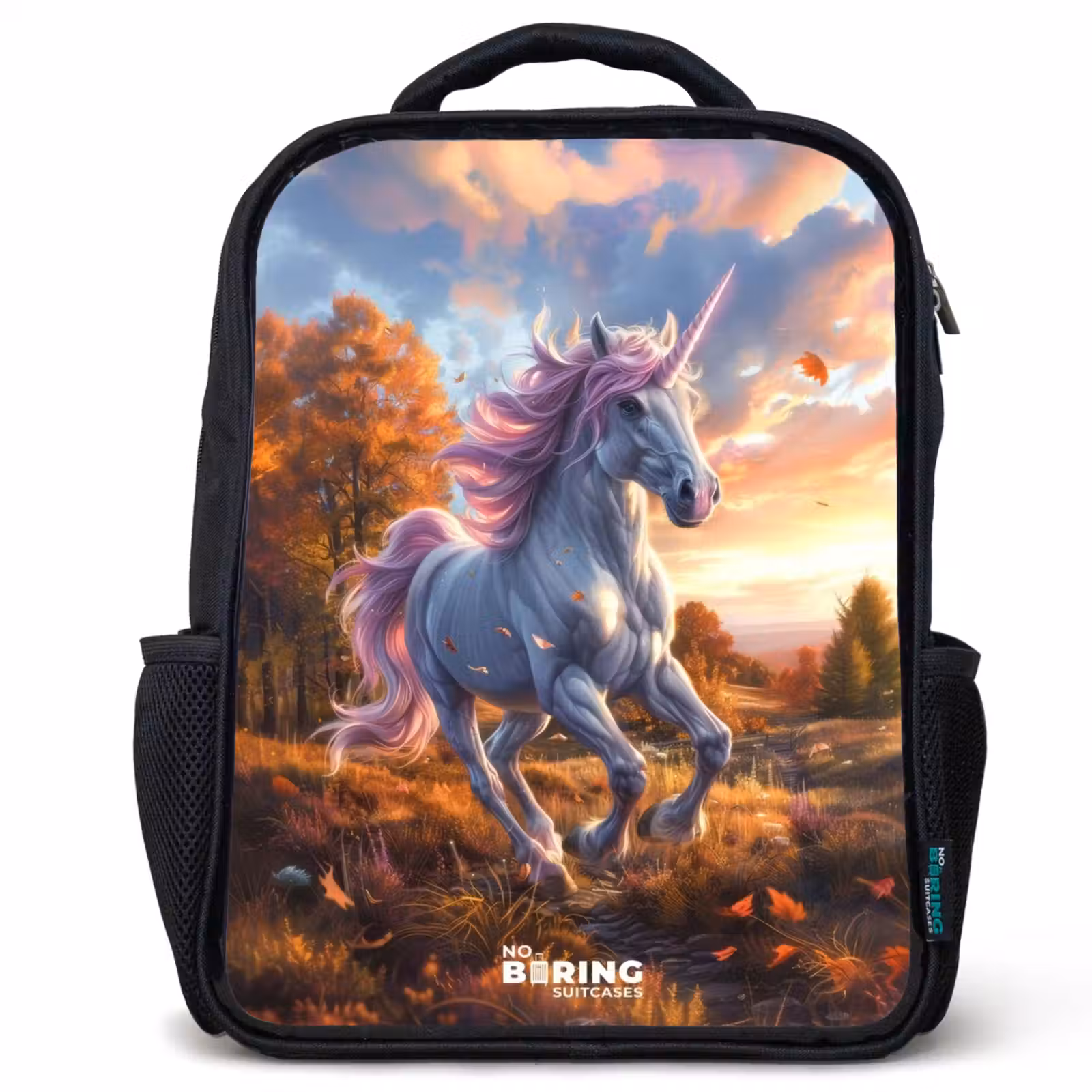 Kids backpack - Black - Galloping Unicorn in Autumn World — 1