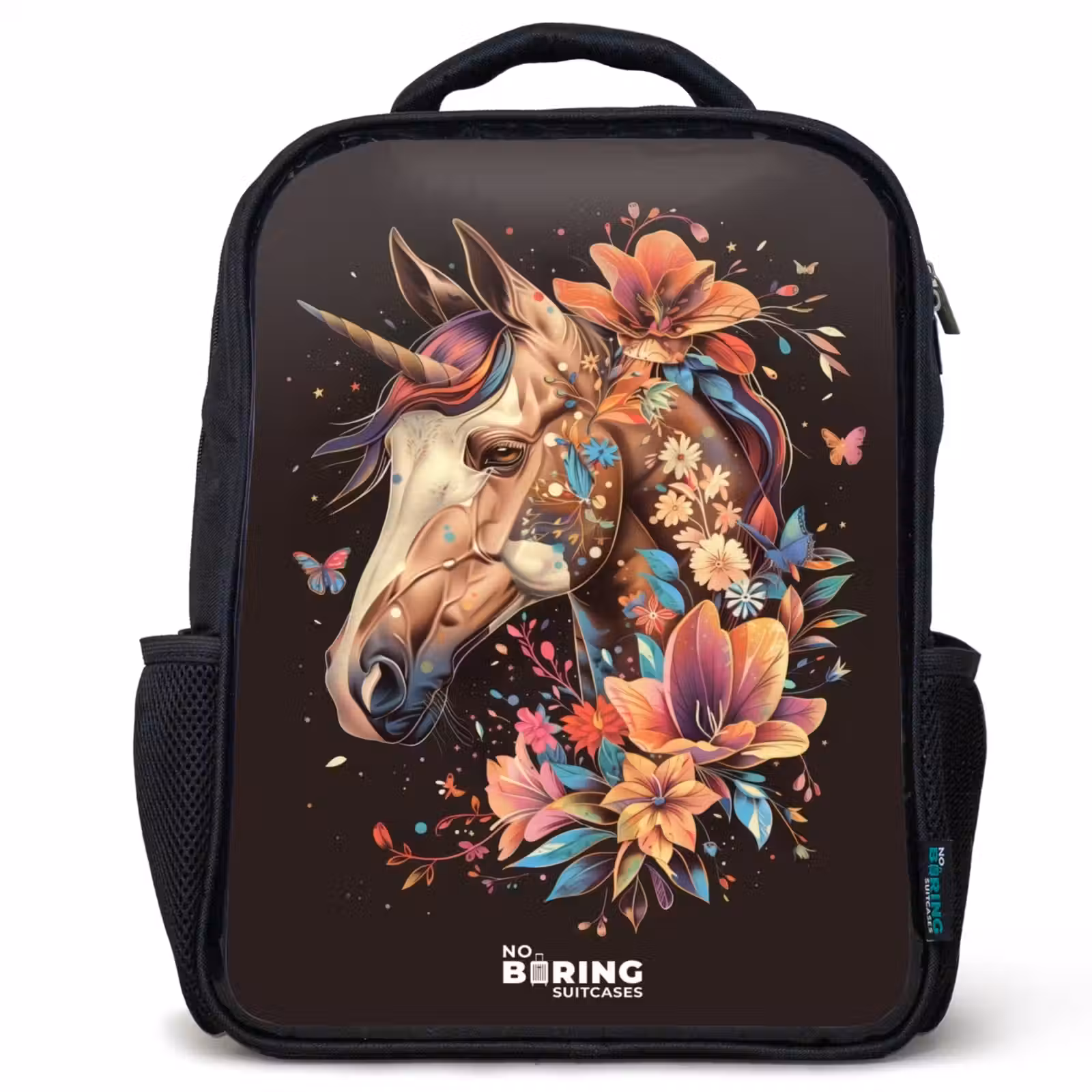 Kids backpack - Black - Unicorn and Flowers on Black Background — 1