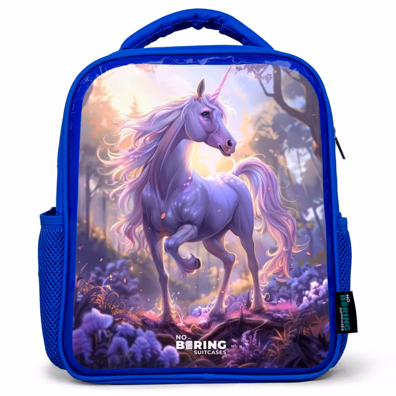 Kids backpack - Blue - Portrait of a Unicorn among Purple Flowers — 1