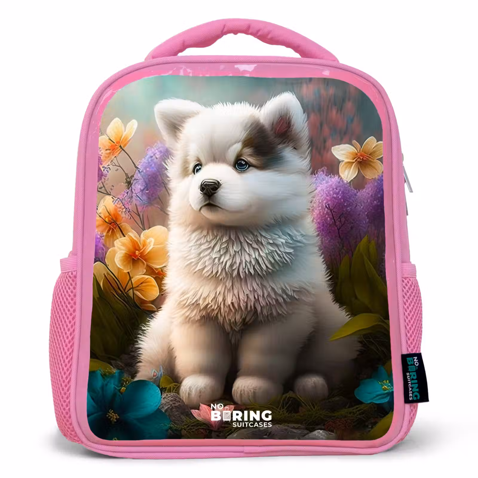 Kids backpack - Pink - White puppy in a flower meadow — 1