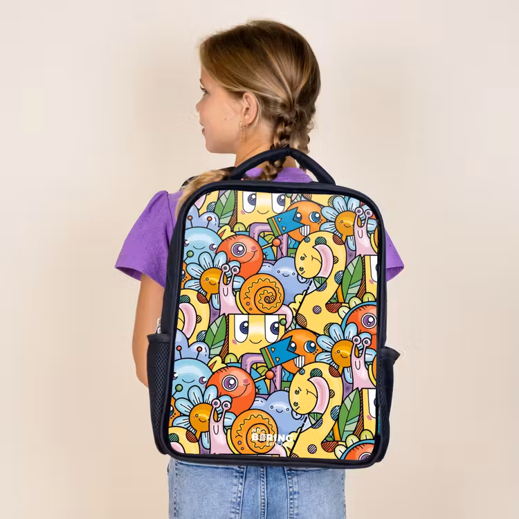 Kids backpack - Black - Cartoon of different creatures and faces — 4