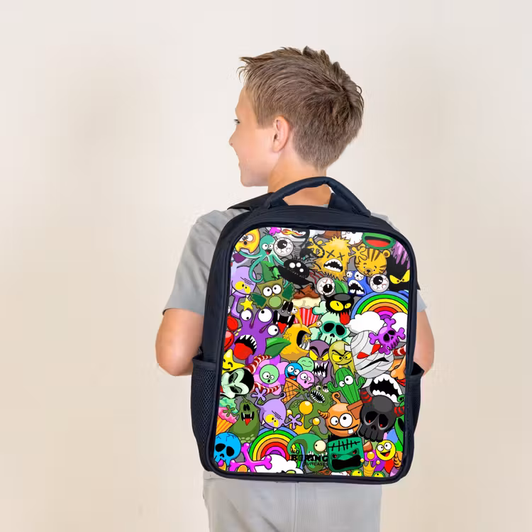 Kids backpack - Black - Chaotic colorful monster pattern — 2