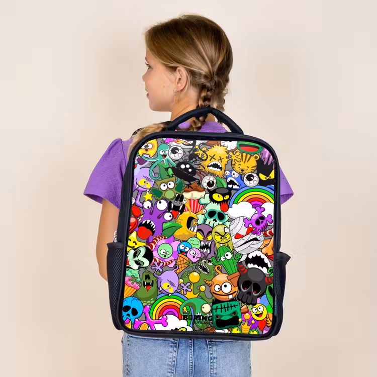 Kids backpack - Black - Chaotic colorful monster pattern — 4