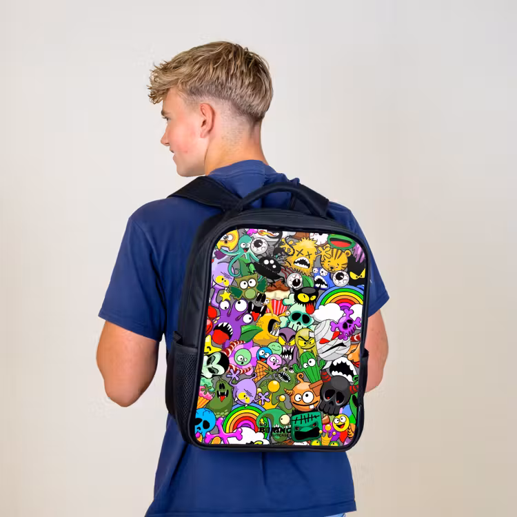 Kids backpack - Black - Chaotic colorful monster pattern — 5