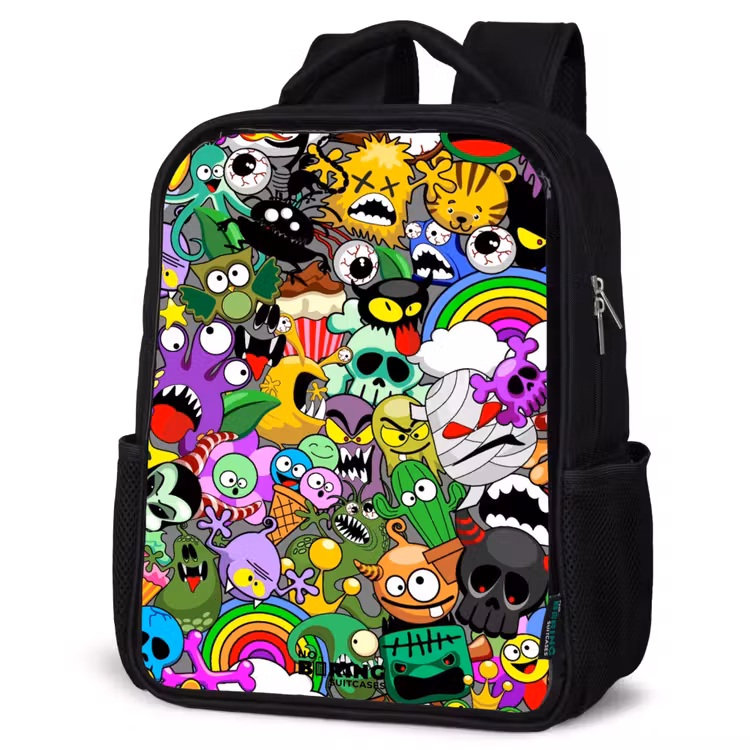 Kids backpack - Black - Chaotic colorful monster pattern — 6