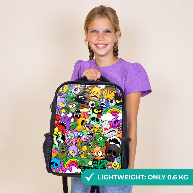 Kids backpack - Black - Chaotic colorful monster pattern — 9