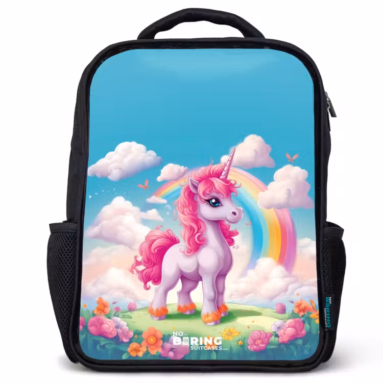 Kids backpack - Black - Cheerful unicorn at a rainbow — 1