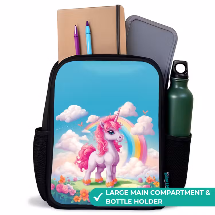 Kids backpack - Black - Cheerful unicorn at a rainbow — 10