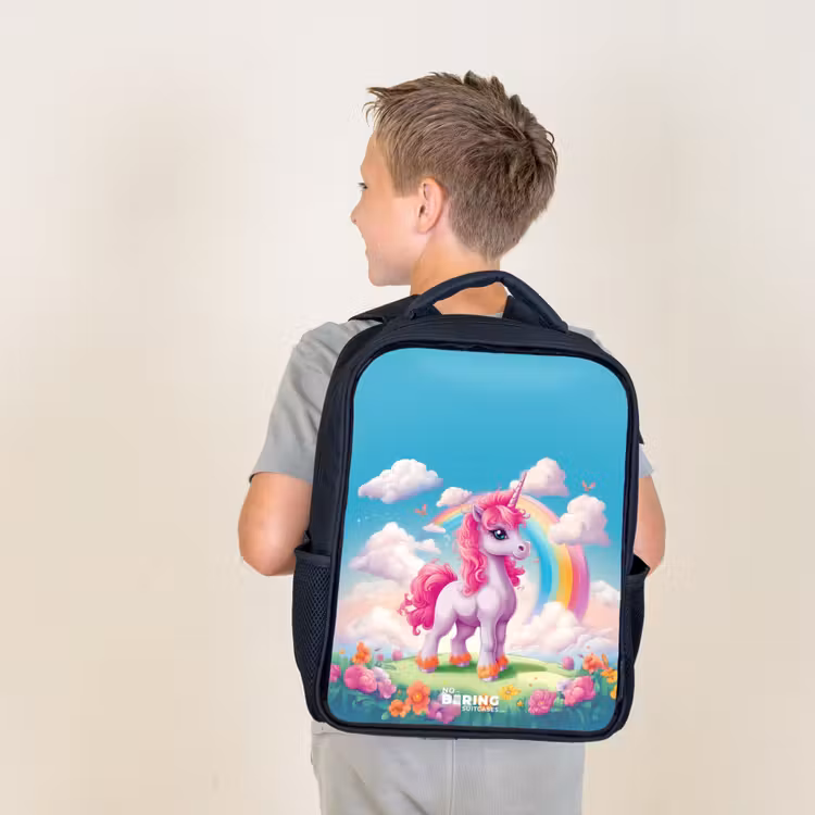 Kids backpack - Black - Cheerful unicorn at a rainbow — 2