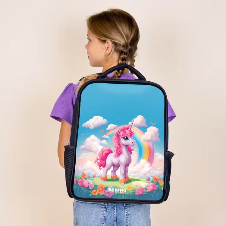 Kids backpack - Black - Cheerful unicorn at a rainbow — 4