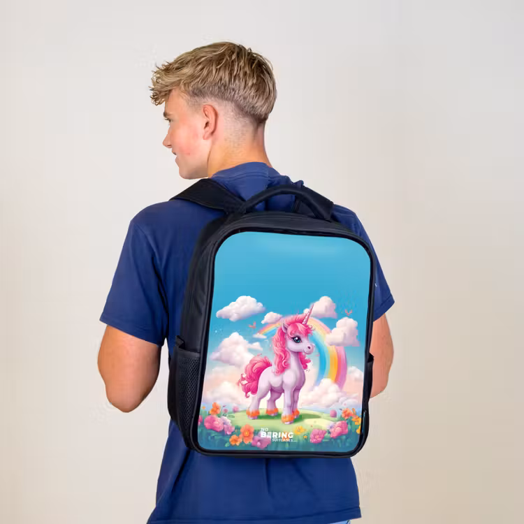 Kids backpack - Black - Cheerful unicorn at a rainbow — 5