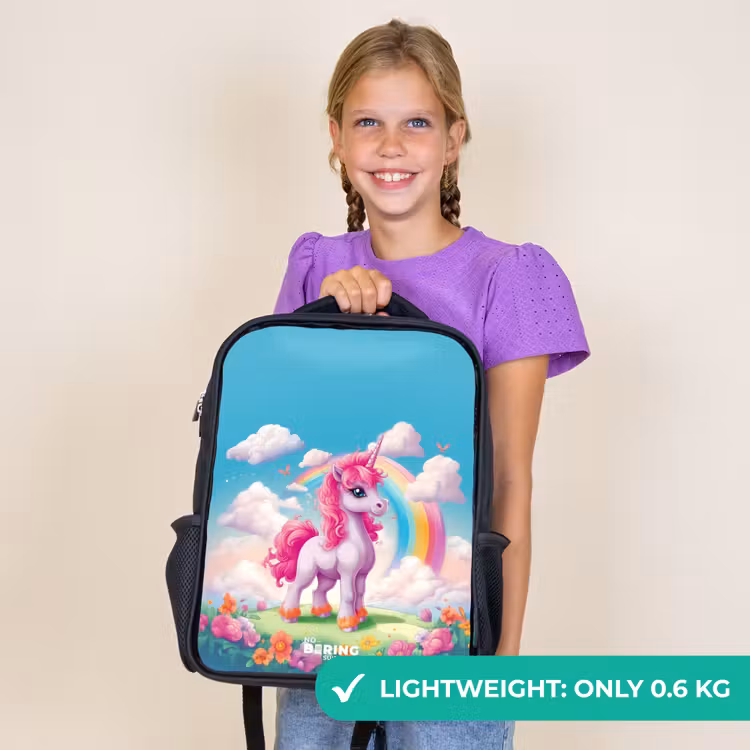 Kids backpack - Black - Cheerful unicorn at a rainbow — 9