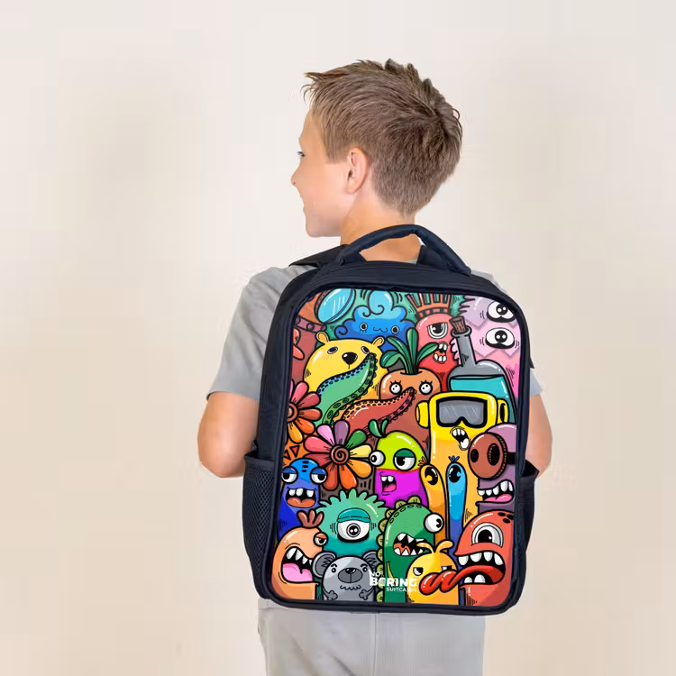 Kids backpack - Black - Expressive and busy pattern with samples — 2