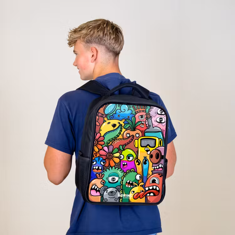 Kids backpack - Black - Expressive and busy pattern with samples — 5