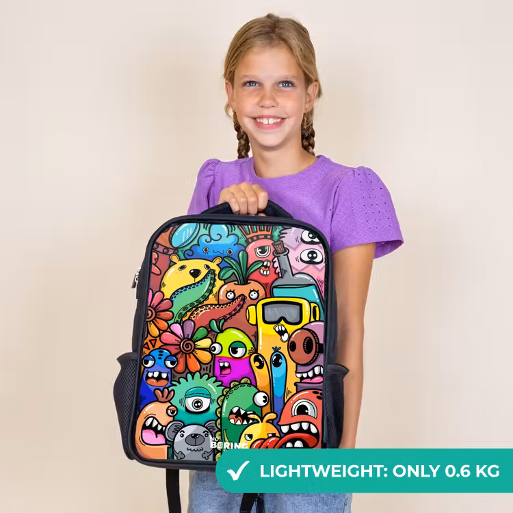 Kids backpack - Black - Expressive and busy pattern with samples — 9