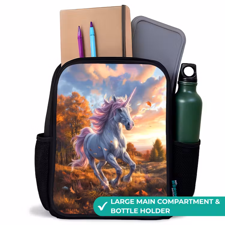 Kids backpack - Black - Galloping Unicorn in Autumn World — 10