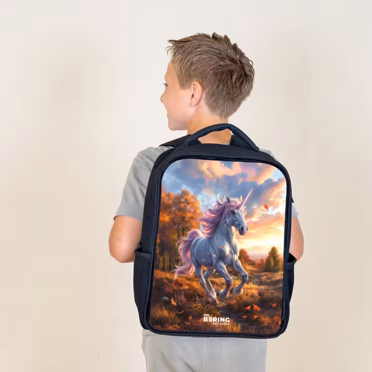 Kids backpack - Black - Galloping Unicorn in Autumn World — 2