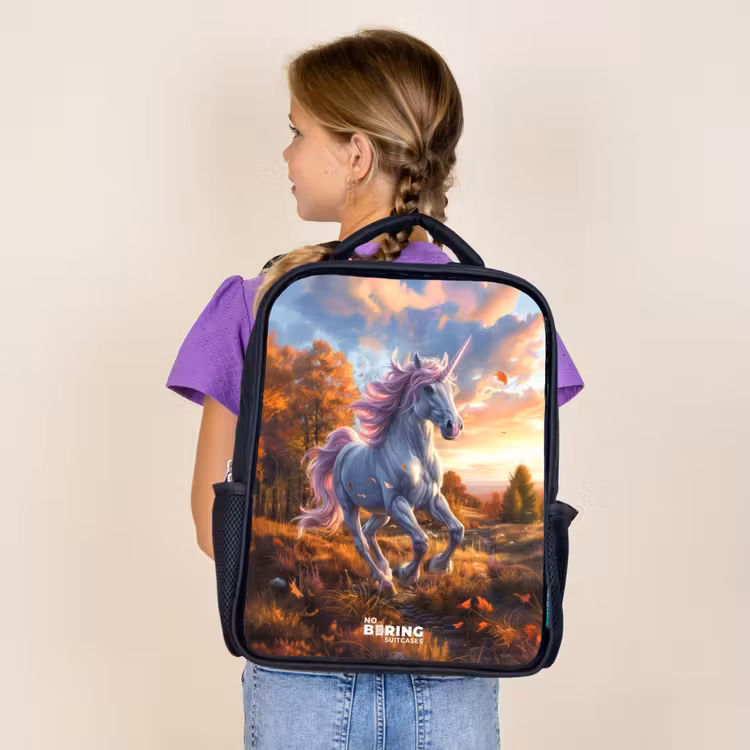 Kids backpack - Black - Galloping Unicorn in Autumn World — 4