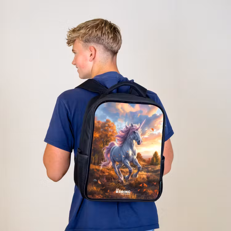 Kids backpack - Black - Galloping Unicorn in Autumn World — 5