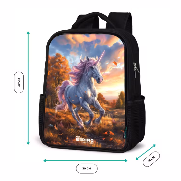 Kids backpack - Black - Galloping Unicorn in Autumn World — 8