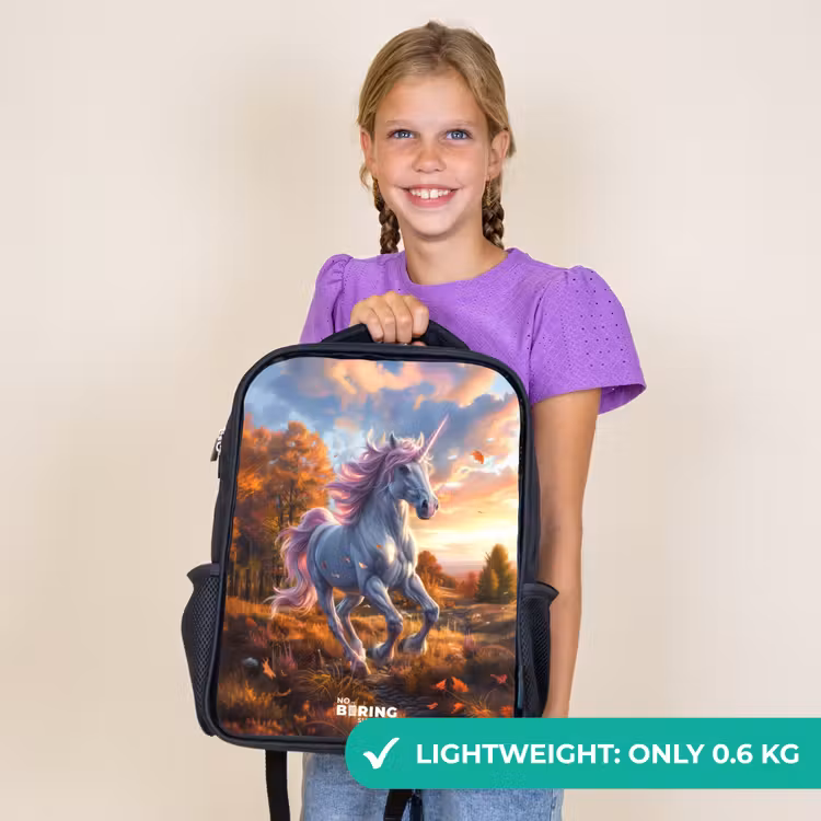 Kids backpack - Black - Galloping Unicorn in Autumn World — 9
