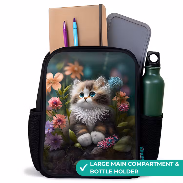 Kids backpack - Black - Kitten among flowers — 10