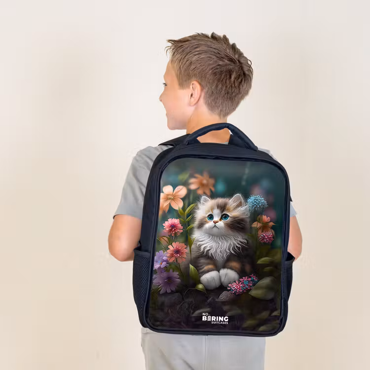 Kids backpack - Black - Kitten among flowers — 2