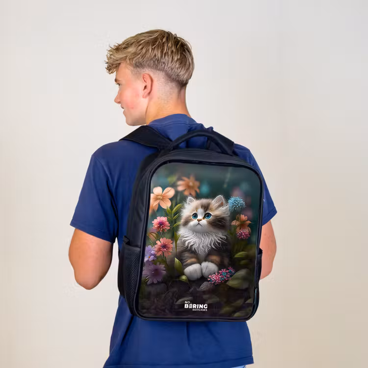Kids backpack - Black - Kitten among flowers — 5