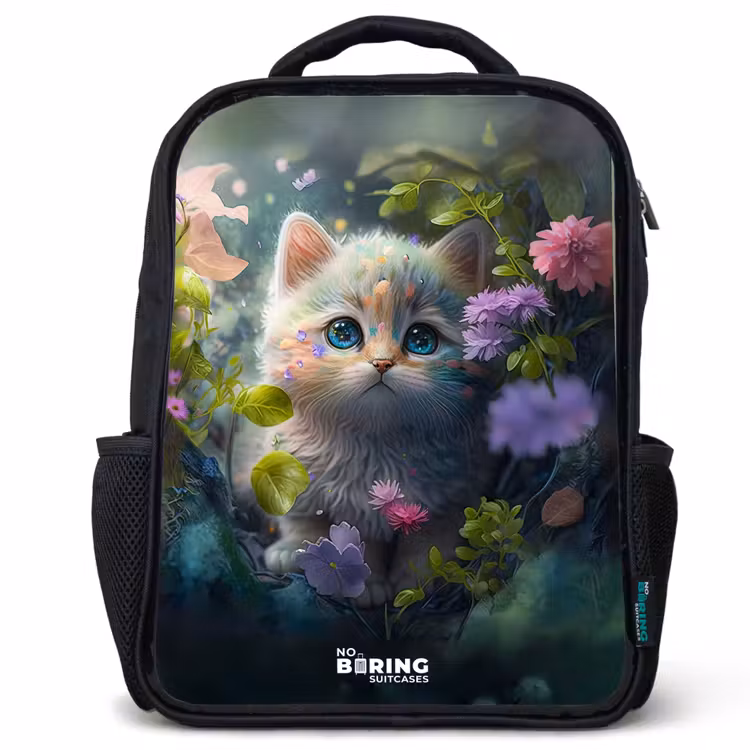 Kids backpack - Black - Kitten hiding behind flowers — 1