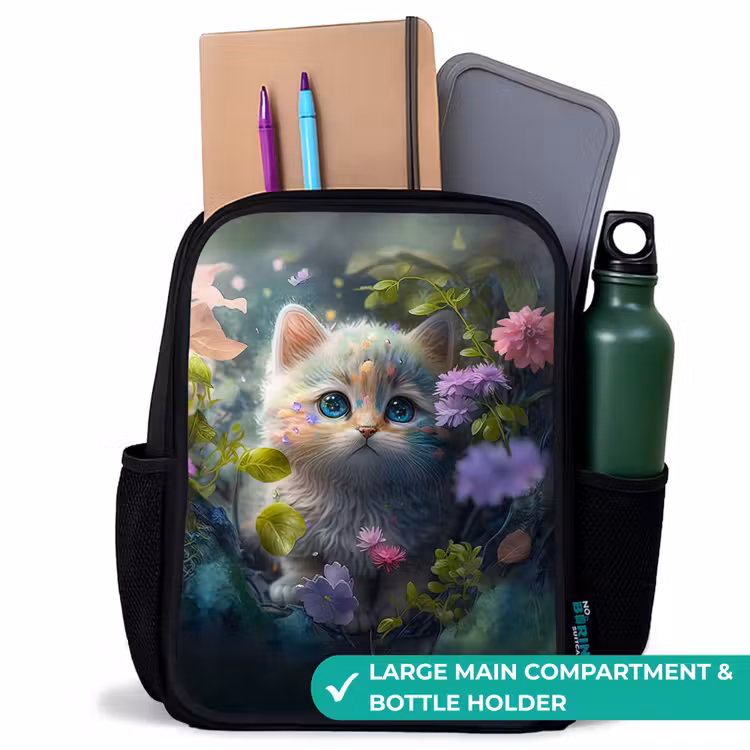 Kids backpack - Black - Kitten hiding behind flowers — 10