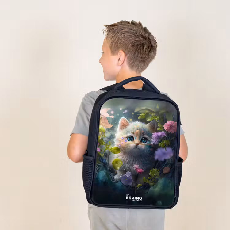 Kids backpack - Black - Kitten hiding behind flowers — 2