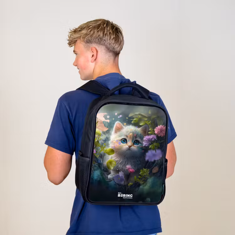 Kids backpack - Black - Kitten hiding behind flowers — 5