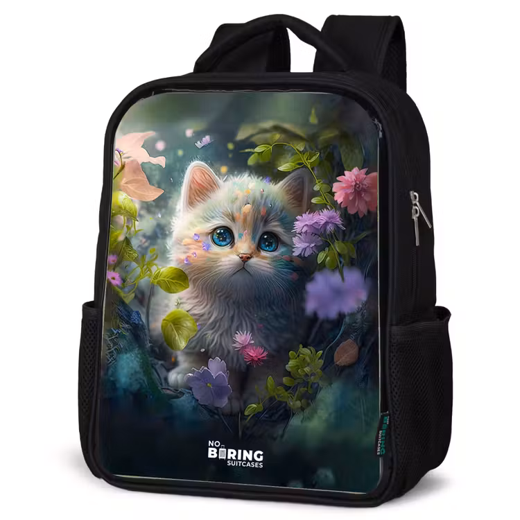 Kids backpack - Black - Kitten hiding behind flowers — 6